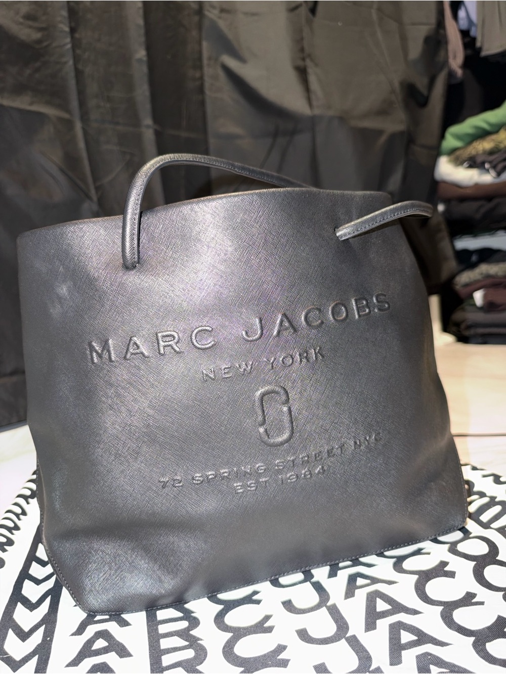 Marc Jacobs Black Leather Embossed Logo Tote